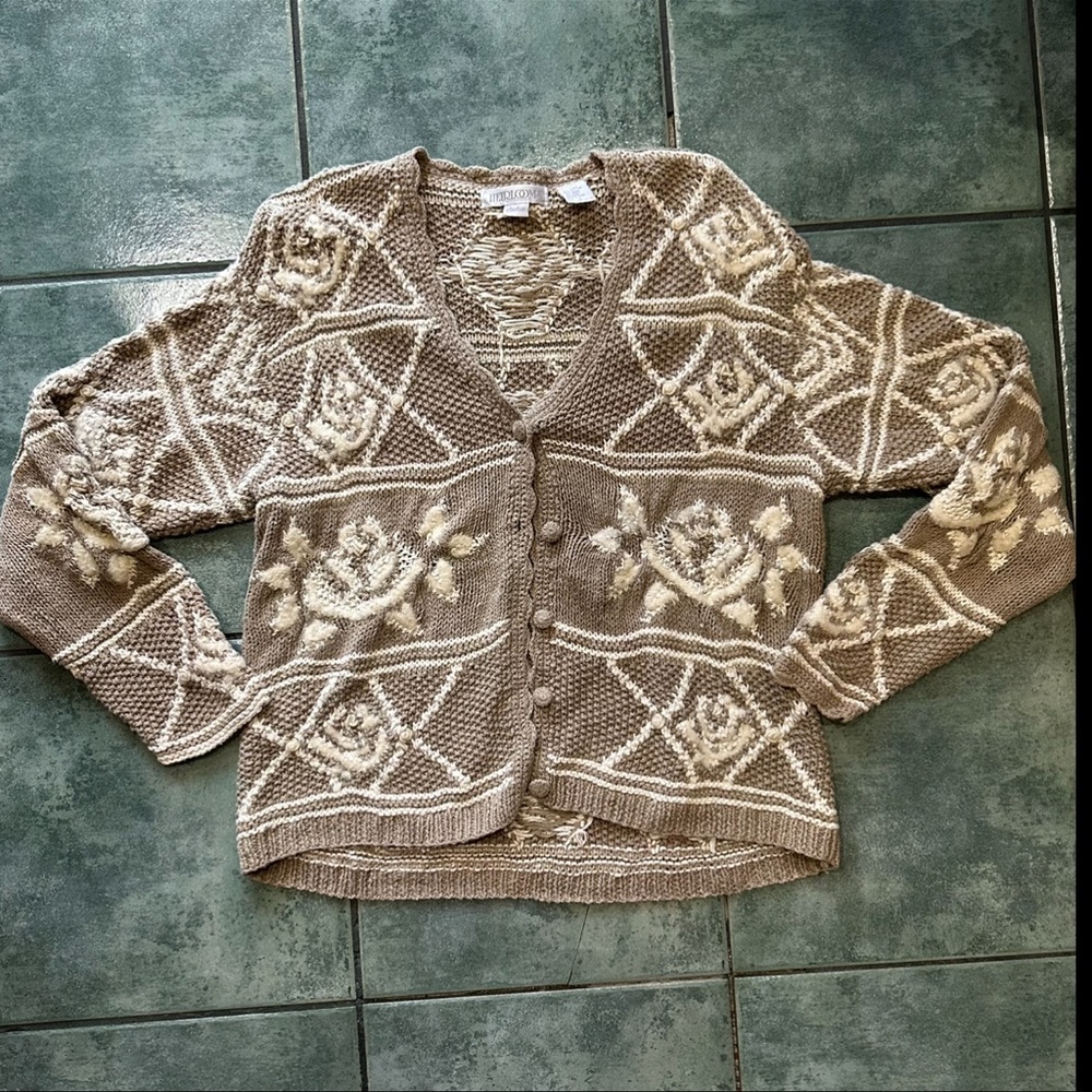 VTG Chunky Knit Heirlooms Floral Coquette Beige Tan Brown Sweater